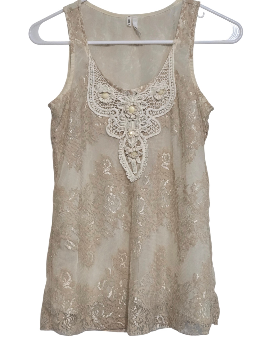 Studio Y Cream Lace Overlay Camisole with Crochet Bib
